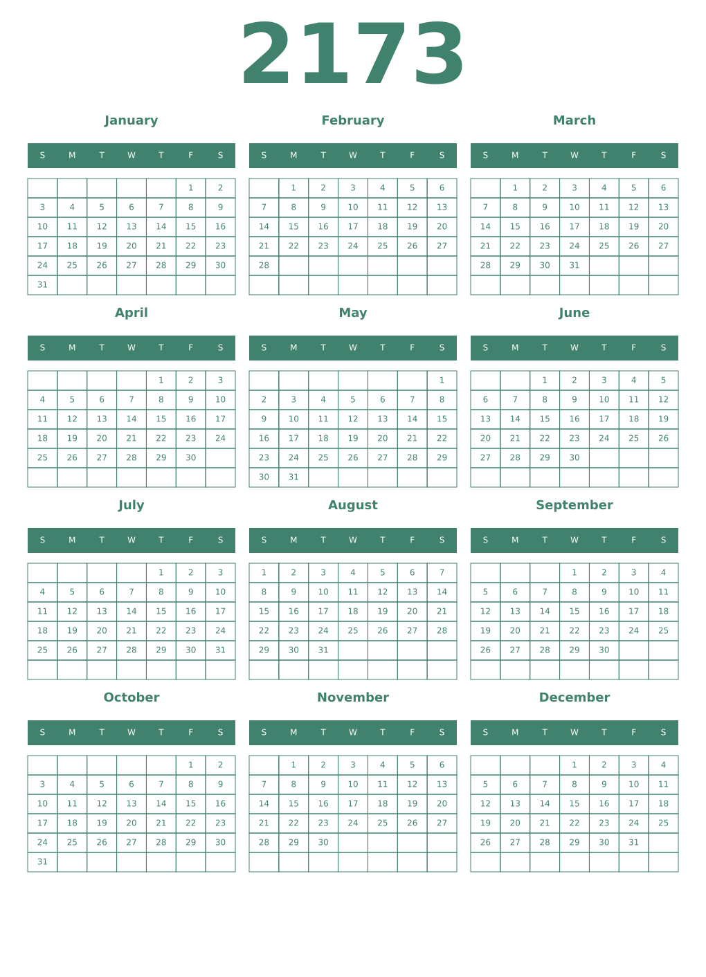 Printable 2173 Year Calendars viridian