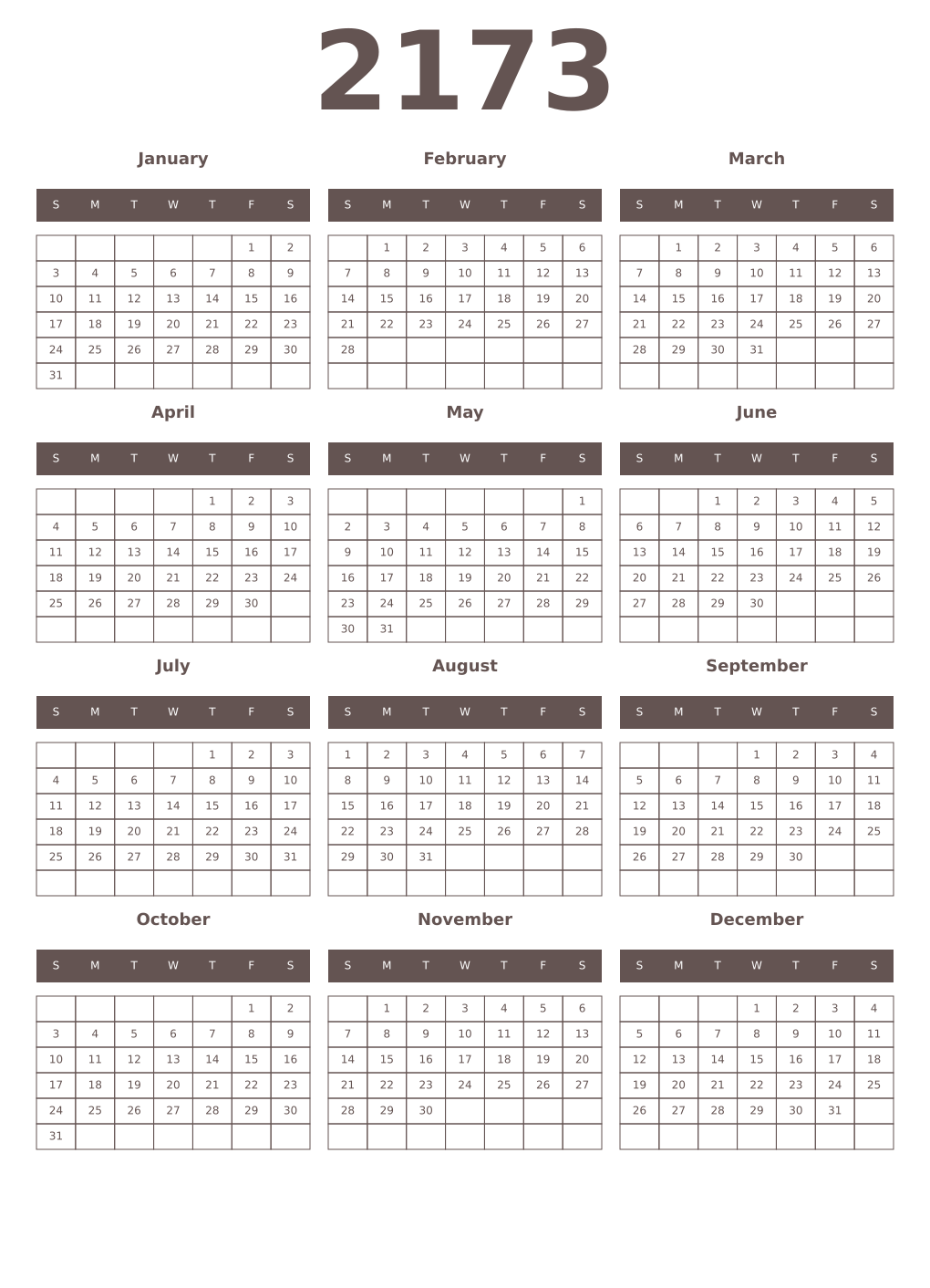 Printable 2173 Year Calendars wenge