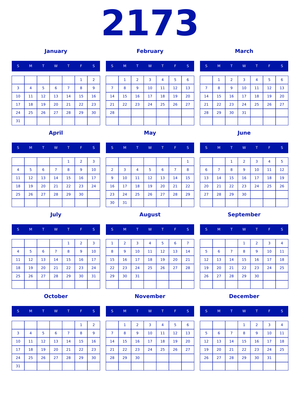 Printable 2173 Year Calendars zaffre
