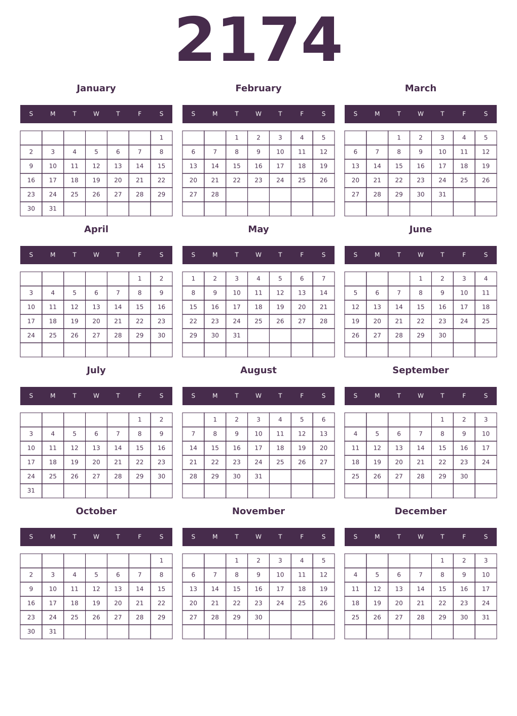 Printable 2174 Year Calendars aubergine