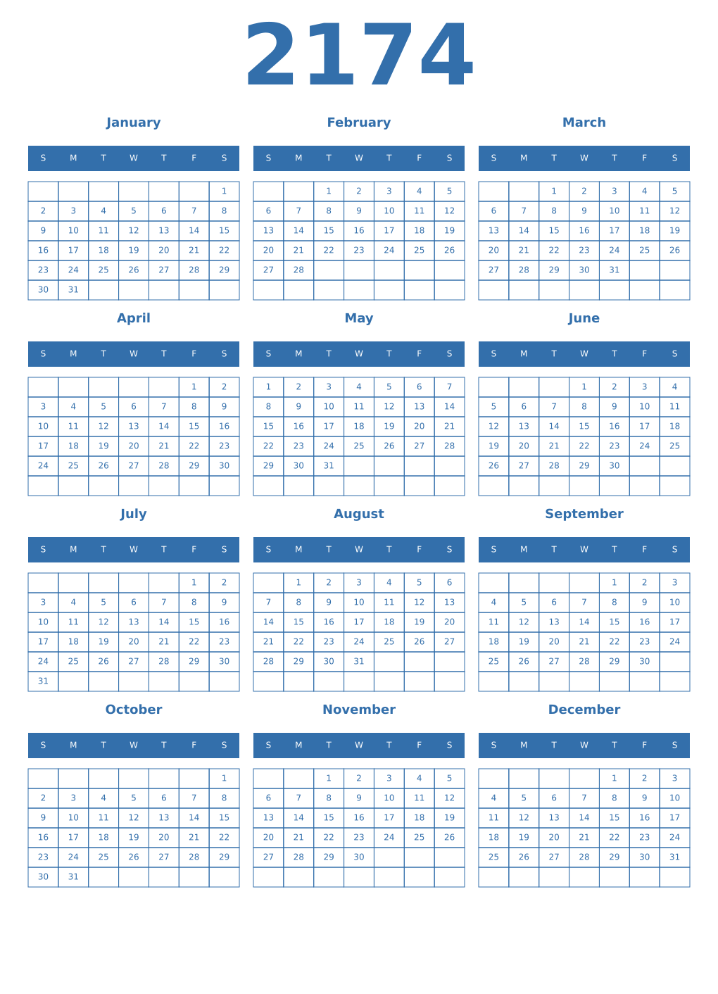 Printable 2174 Year Calendars blue