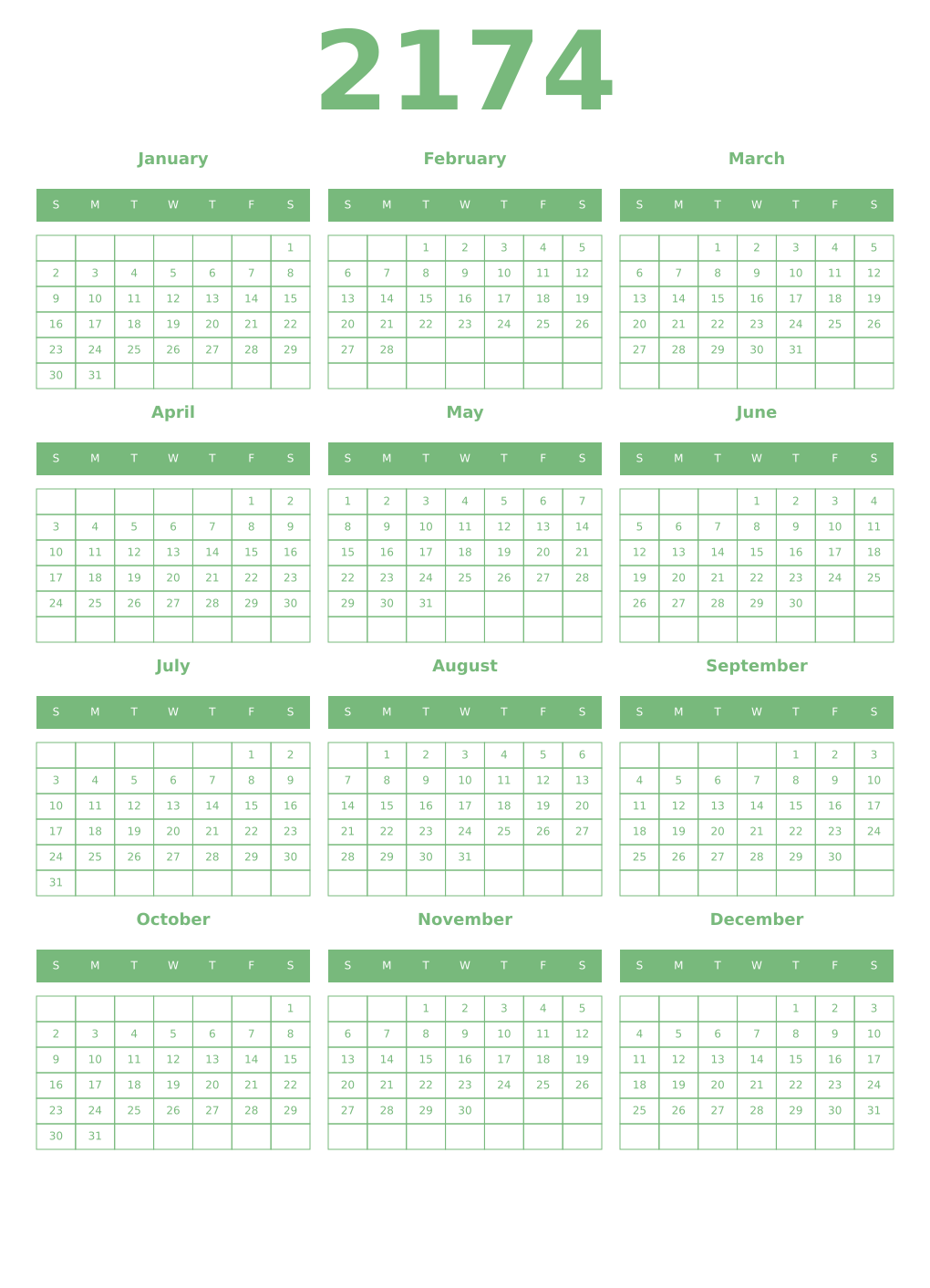 Printable 2174 Year Calendars celadon