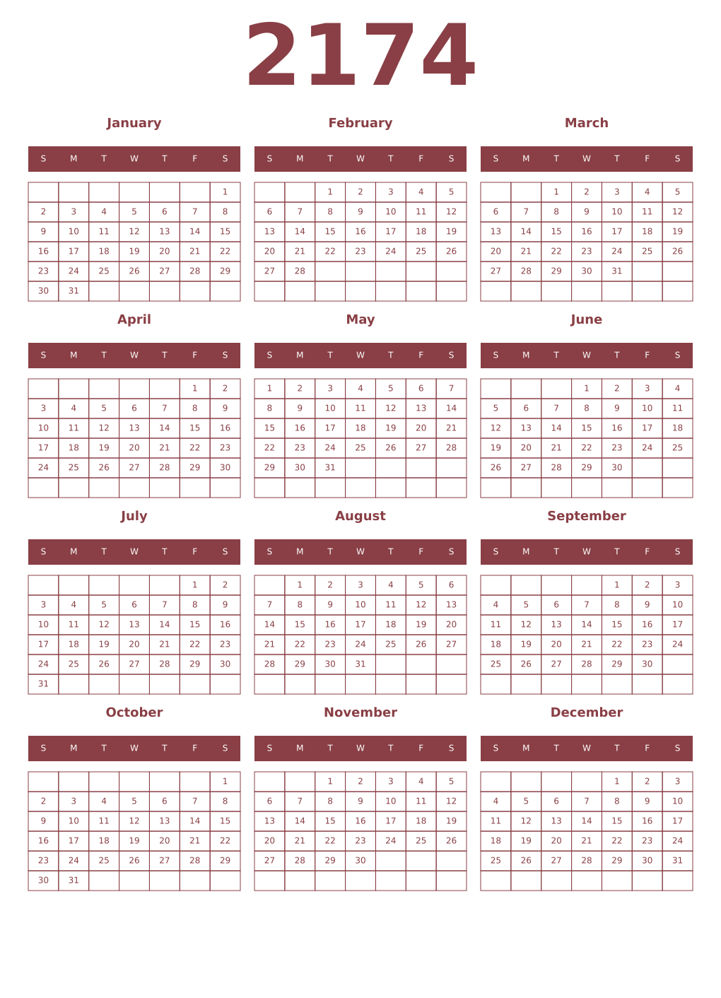 Printable 2174 Year Calendars cordovan