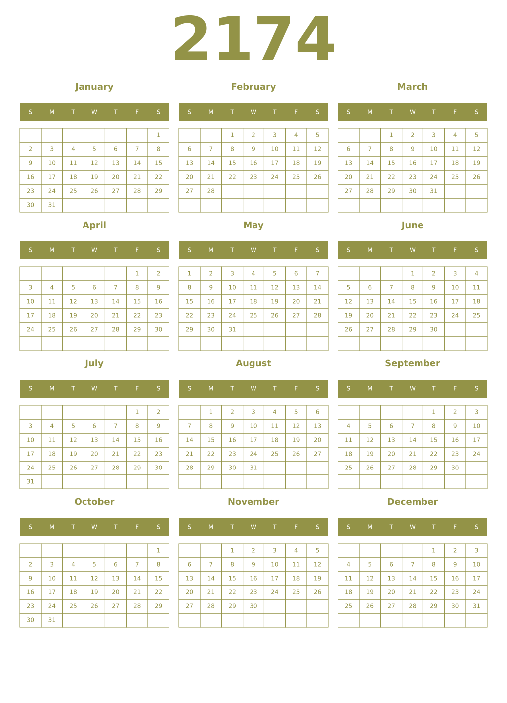Printable 2174 Year Calendars eburnean