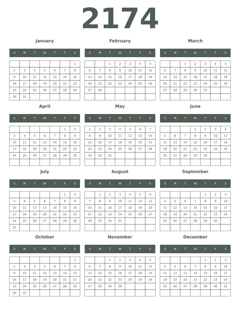 Printable 2174 Year Calendars feldgrau
