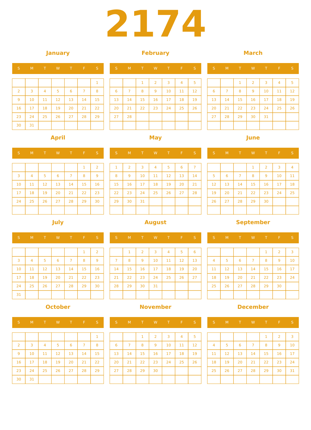 Printable 2174 Year Calendars gamboge