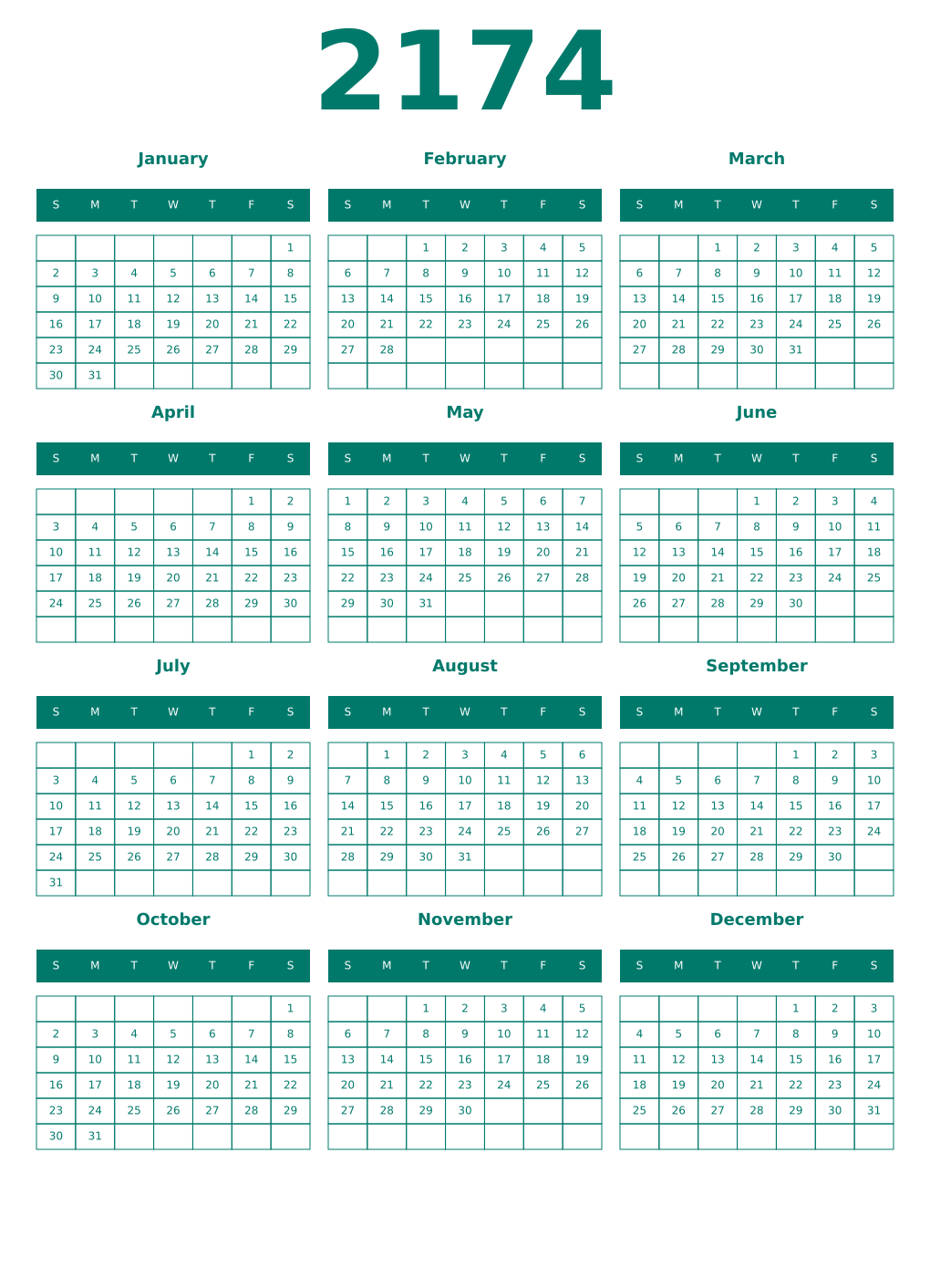Printable 2174 Year Calendars pastel