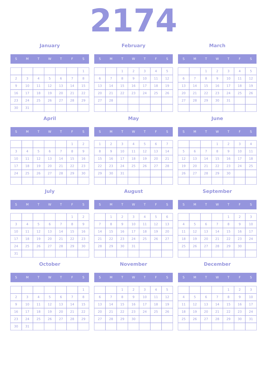 Printable 2174 Year Calendars periwinkle