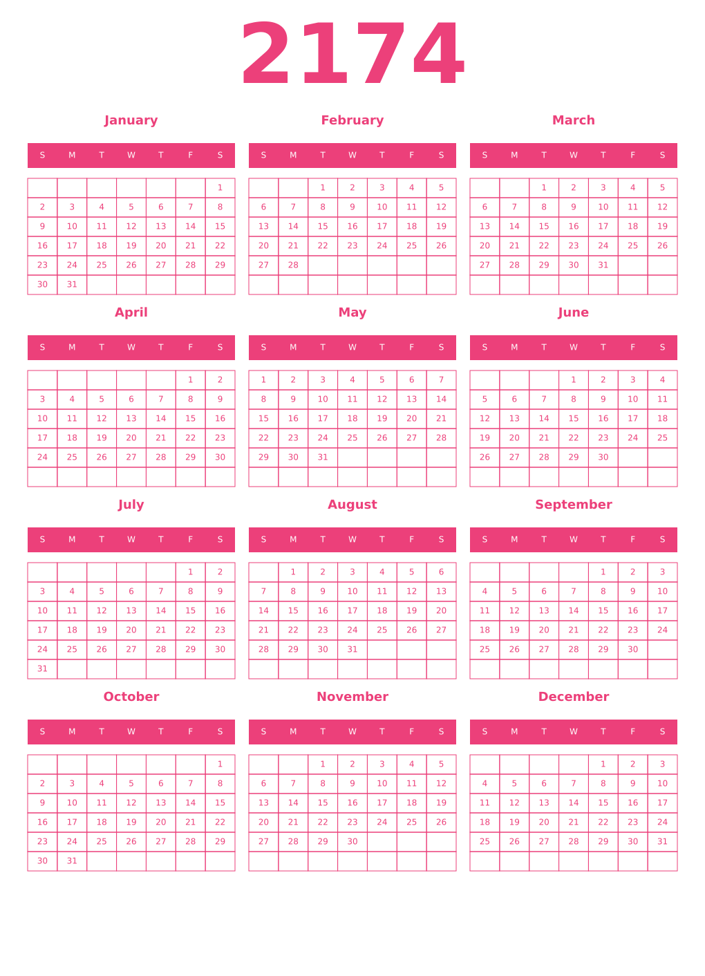 Printable 2174 Year Calendars pink