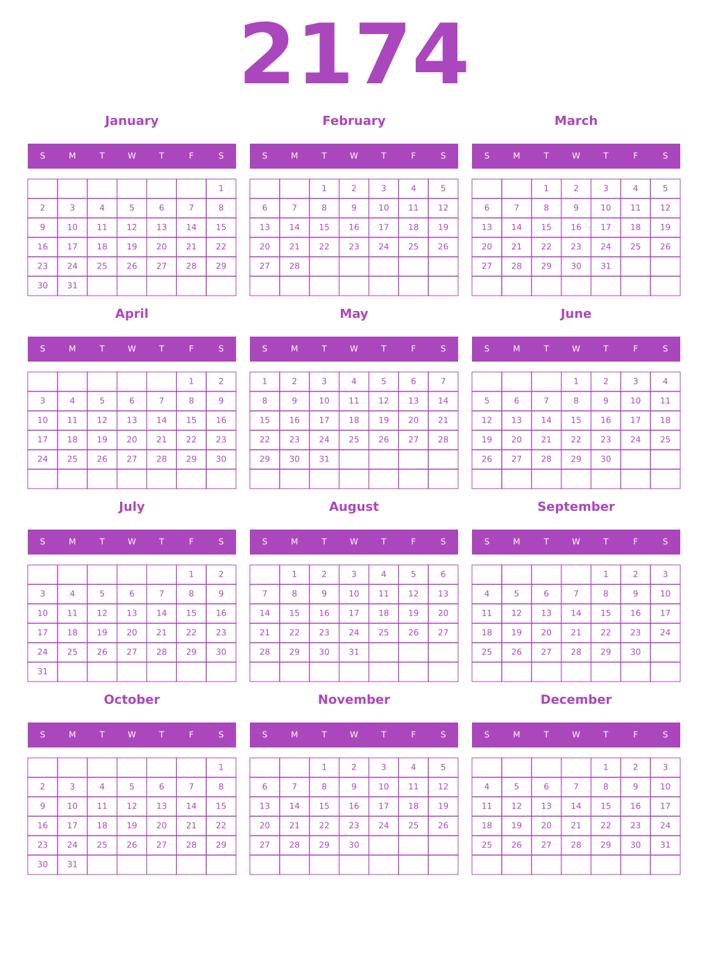 Printable 2174 Year Calendars purple