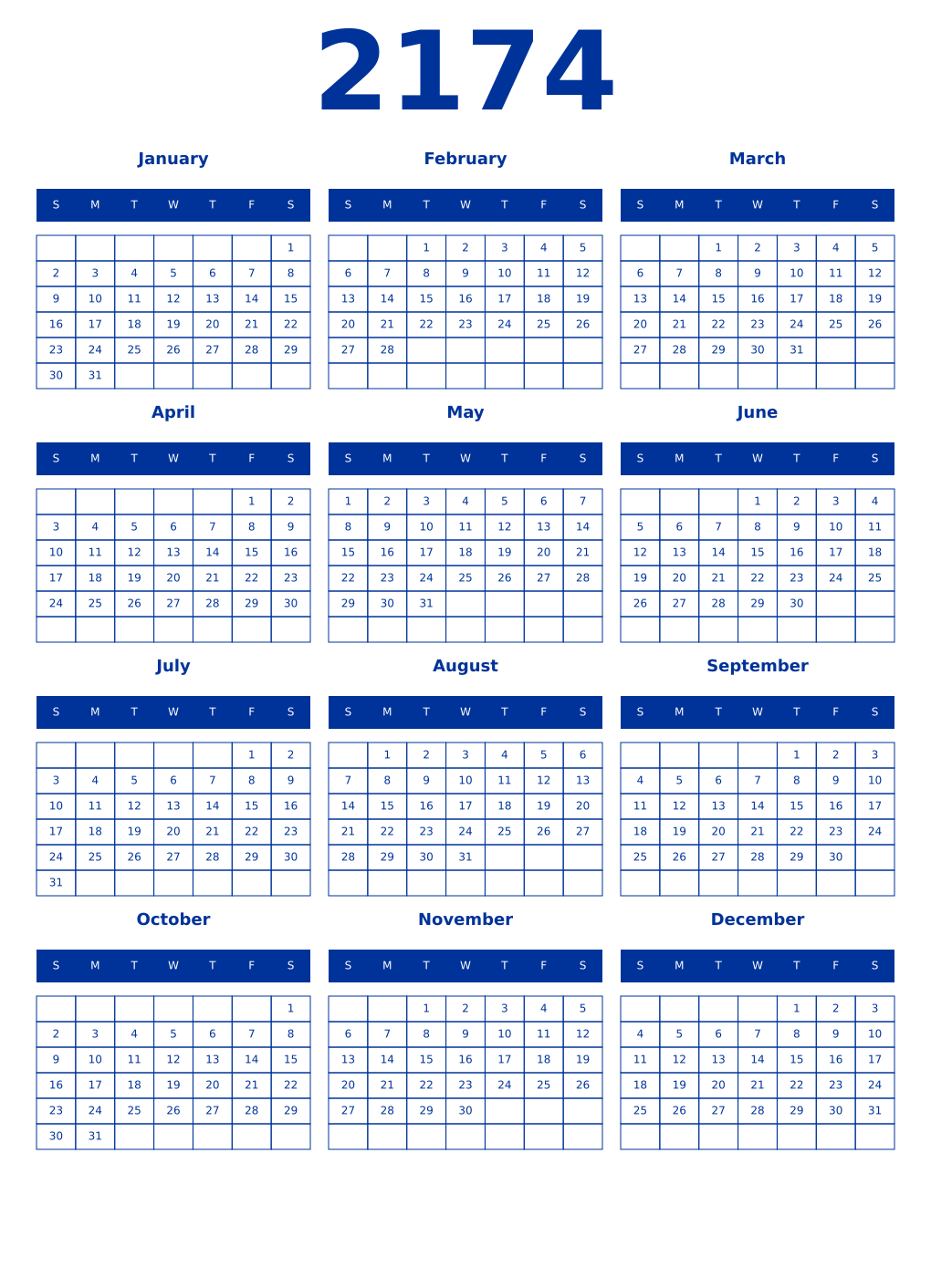 Printable 2174 Year Calendars smalt
