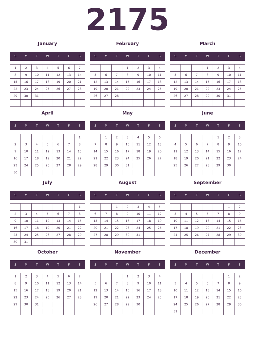 Printable 2175 Year Calendars aubergine