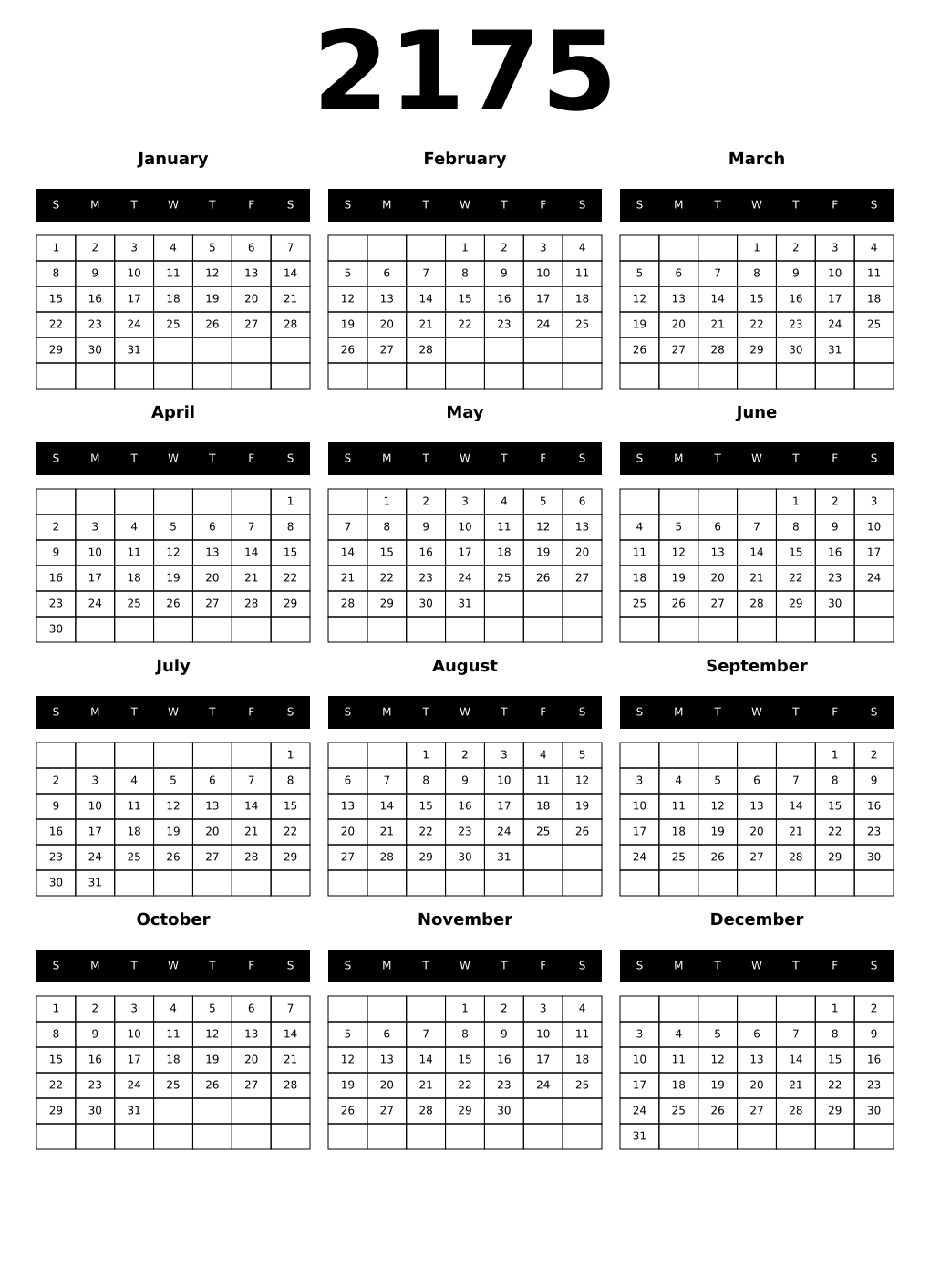 Printable 2175 Year Calendars black
