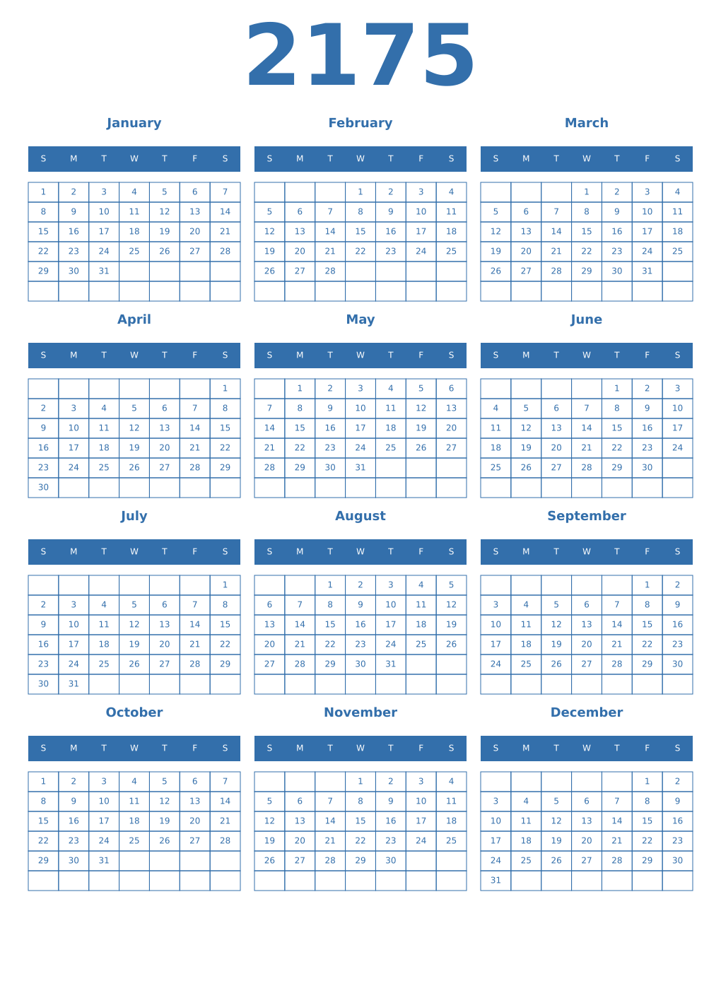 Printable 2175 Year Calendars blue