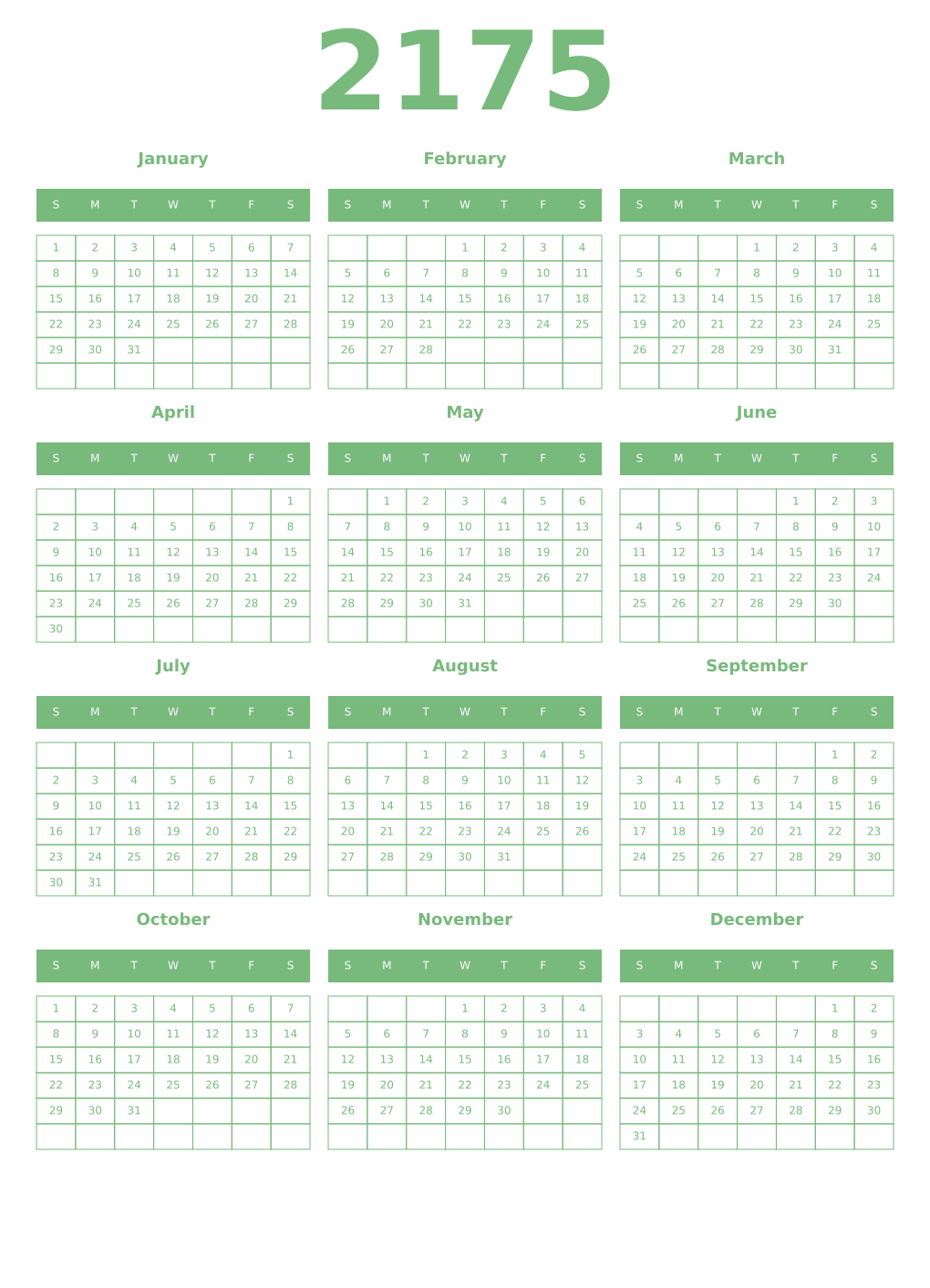 Printable 2175 Year Calendars celadon