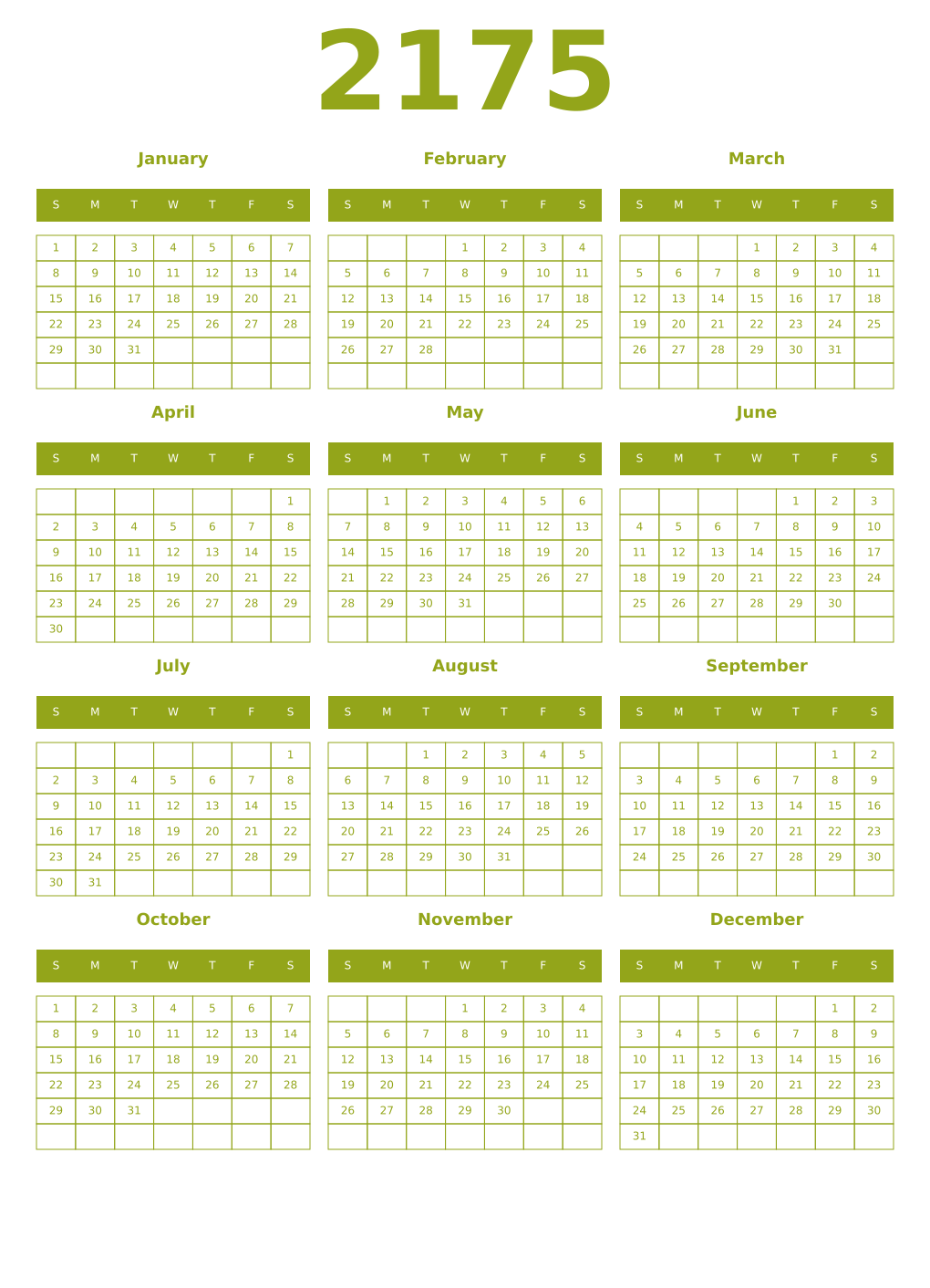 Printable 2175 Year Calendars chartreuse
