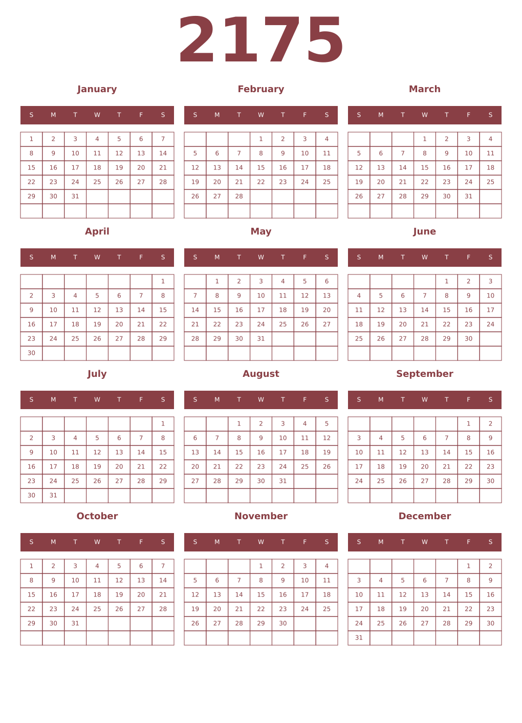Printable 2175 Year Calendars cordovan