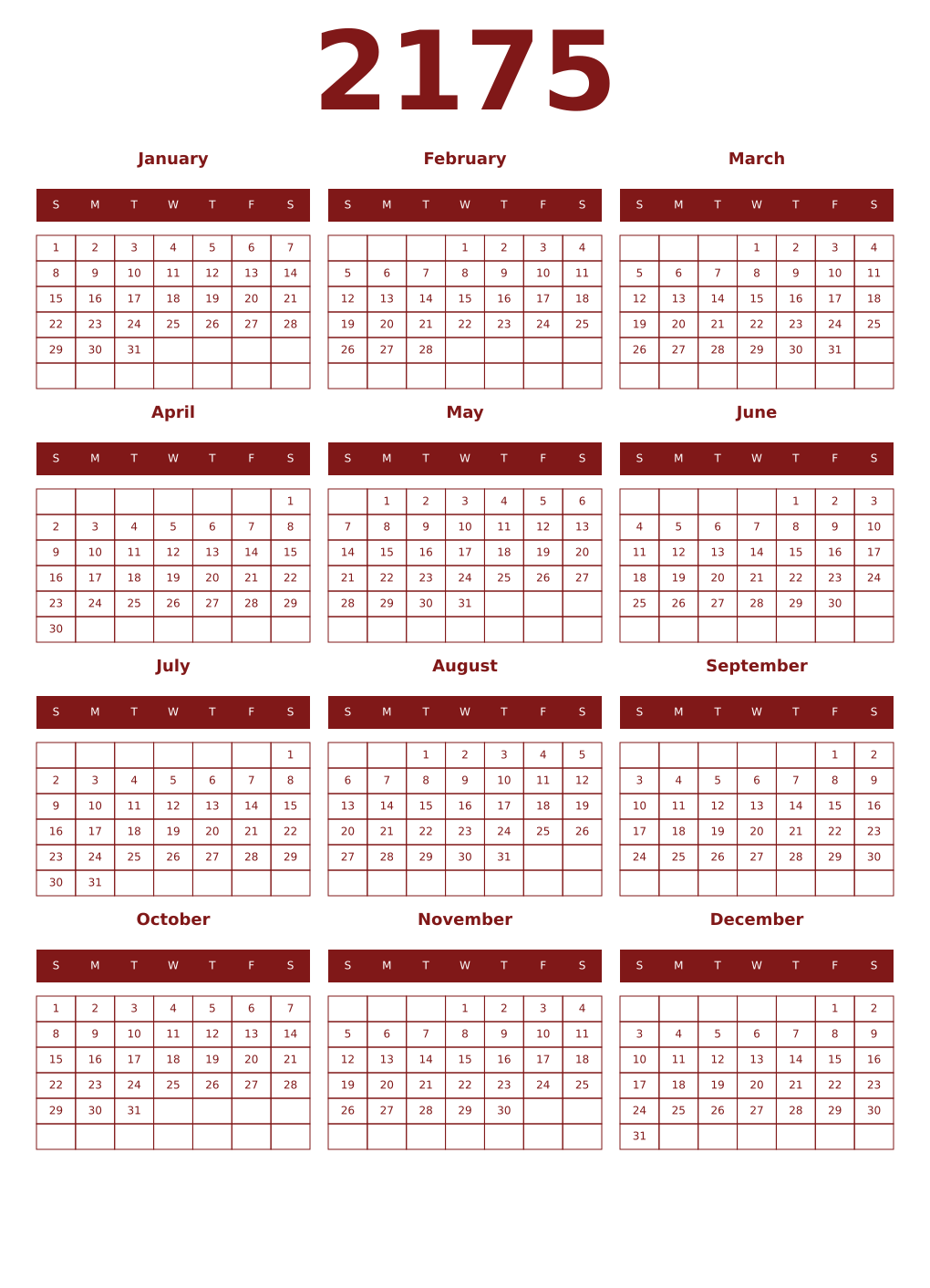 Printable 2175 Year Calendars falu
