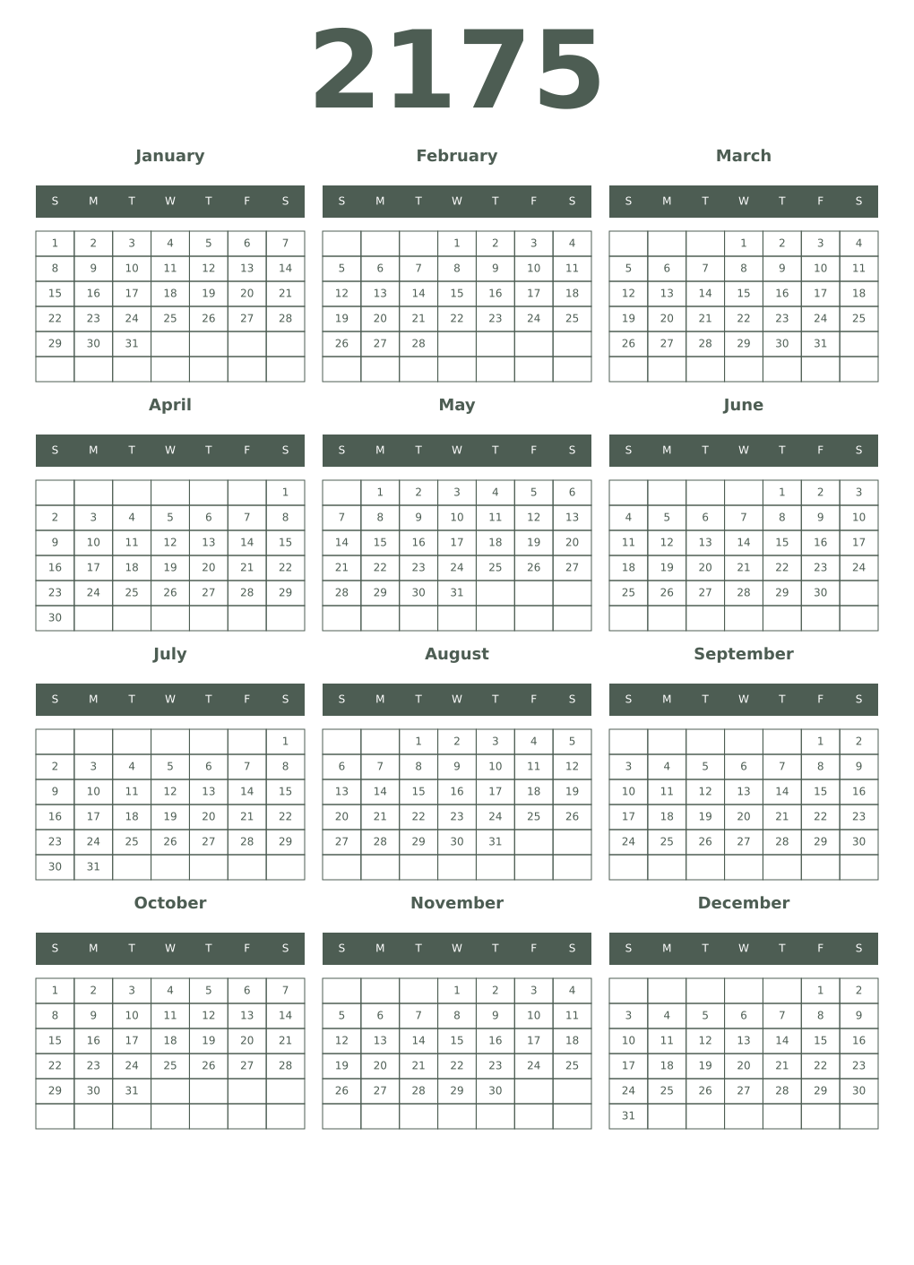 Printable 2175 Year Calendars feldgrau