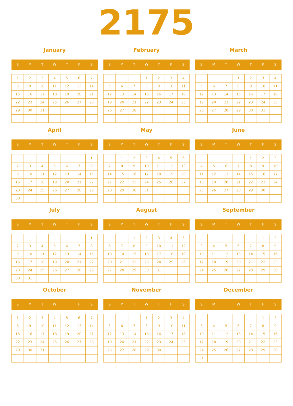 Printable 2175 Year Calendars gamboge