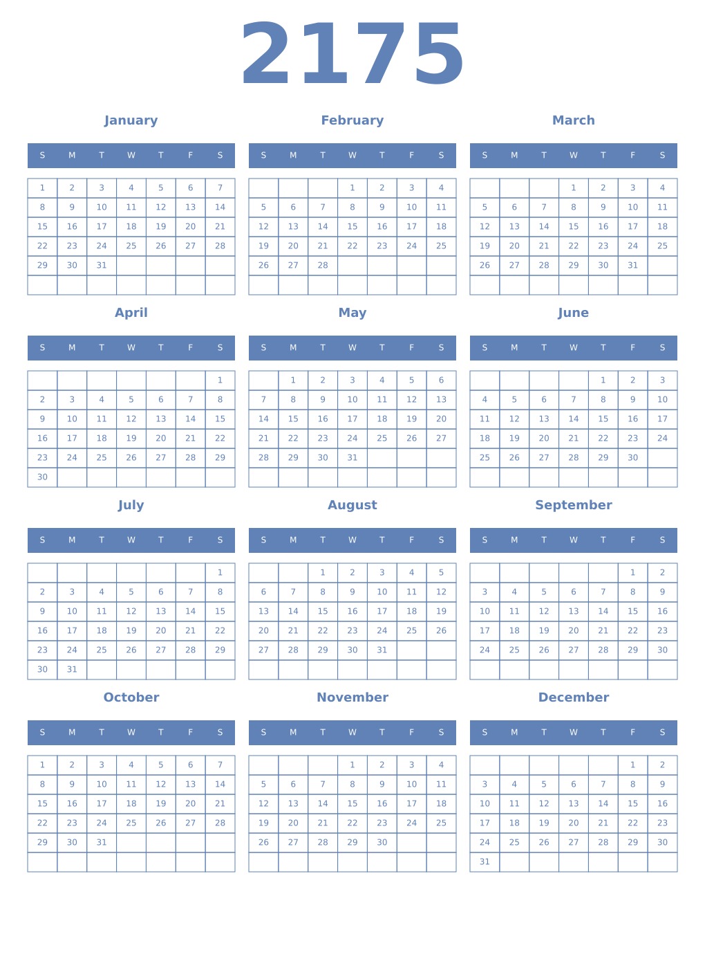 Printable 2175 Year Calendars glaucous