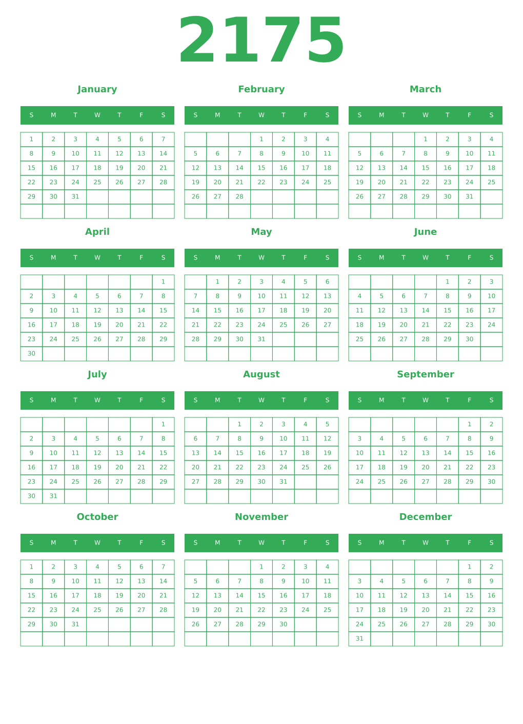Printable 2175 Year Calendars green