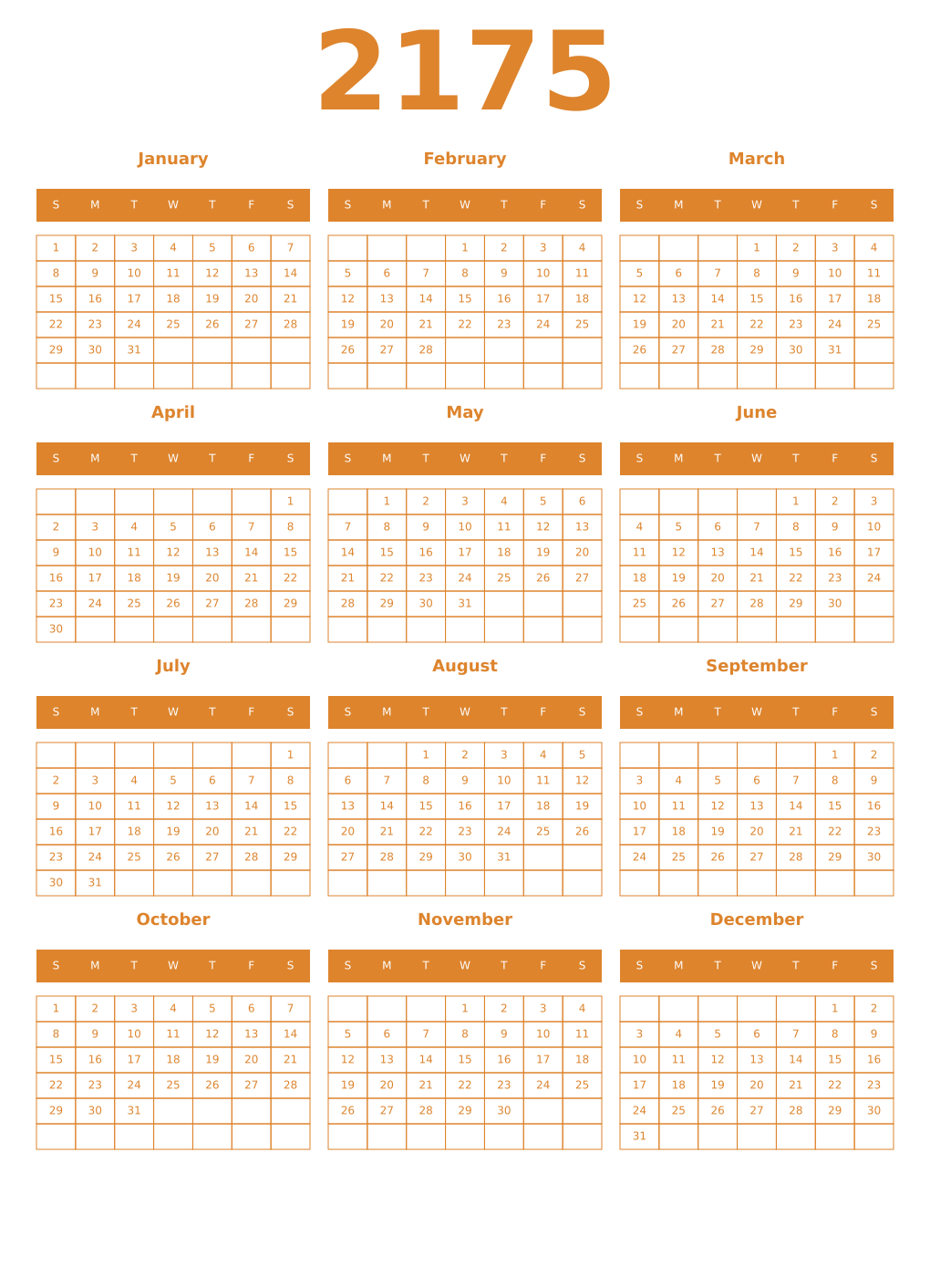 Printable 2175 Year Calendars orange