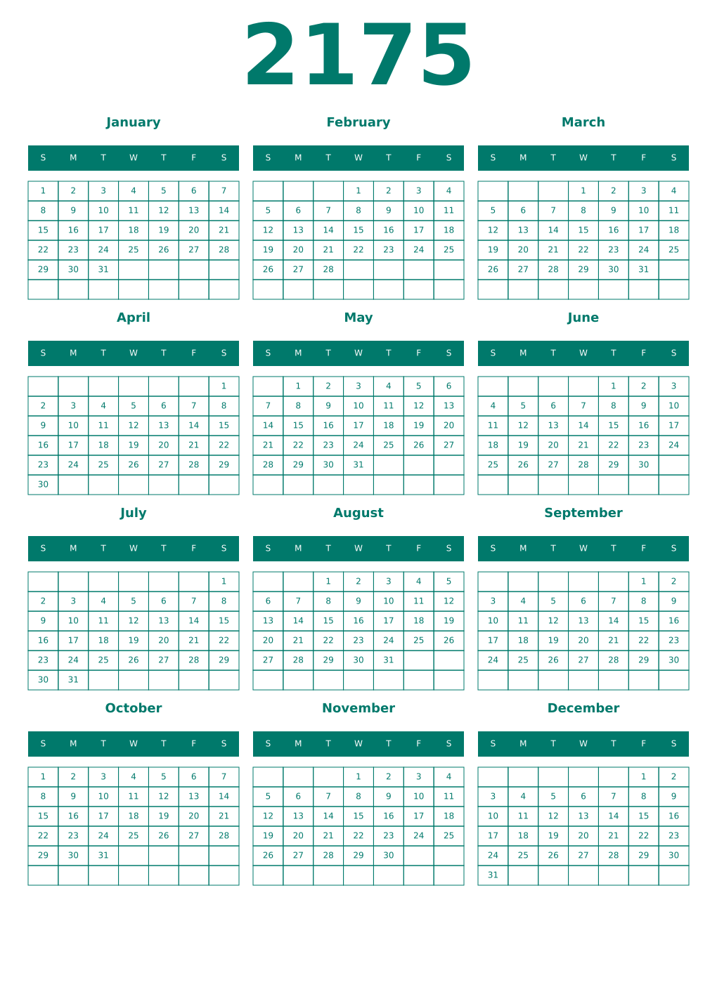 Printable 2175 Year Calendars pastel