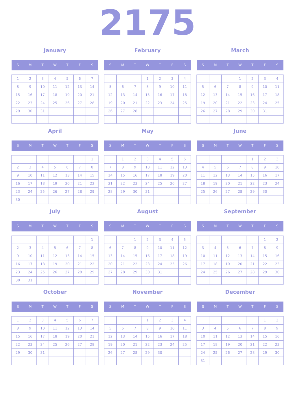 Printable 2175 Year Calendars periwinkle