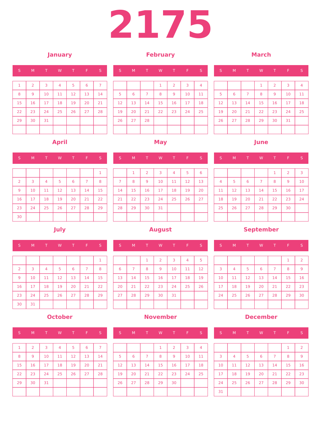 Printable 2175 Year Calendars pink