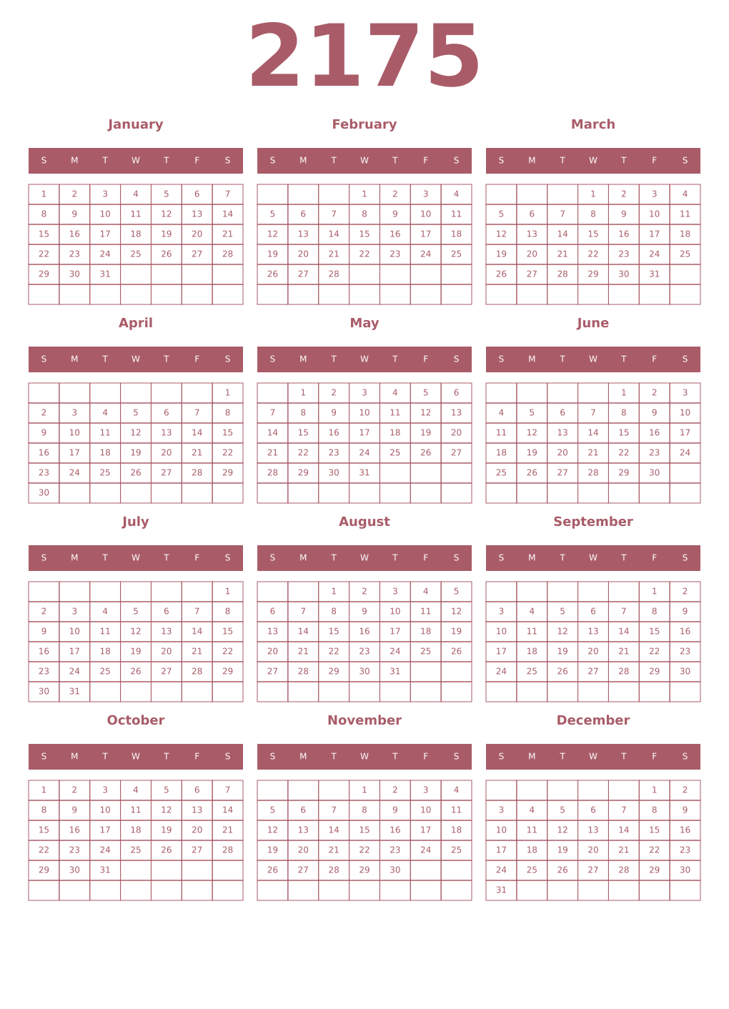 Printable 2175 Year Calendars puce