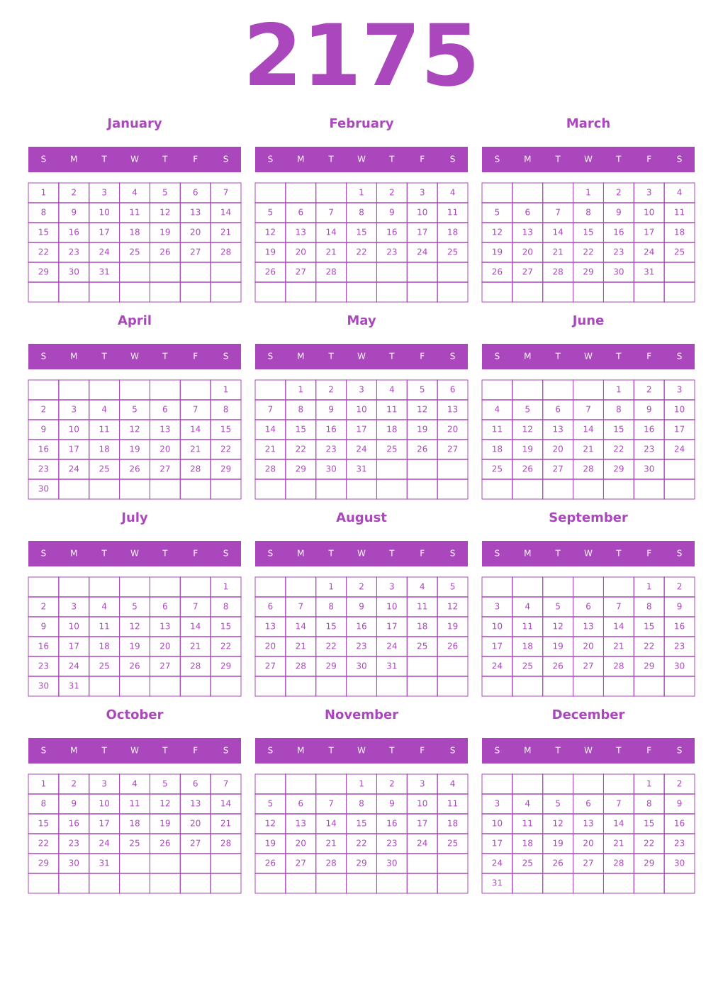 Printable 2175 Year Calendars purple