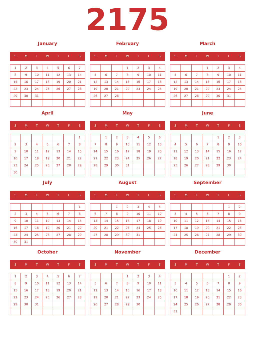 Printable 2175 Year Calendars red