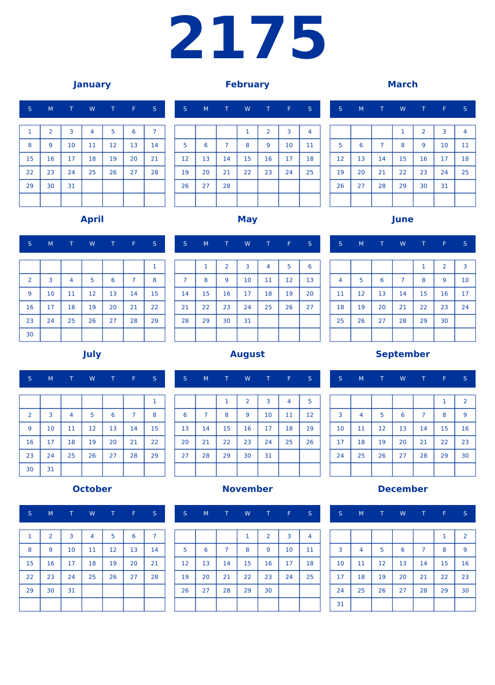 Printable 2175 Year Calendars smalt