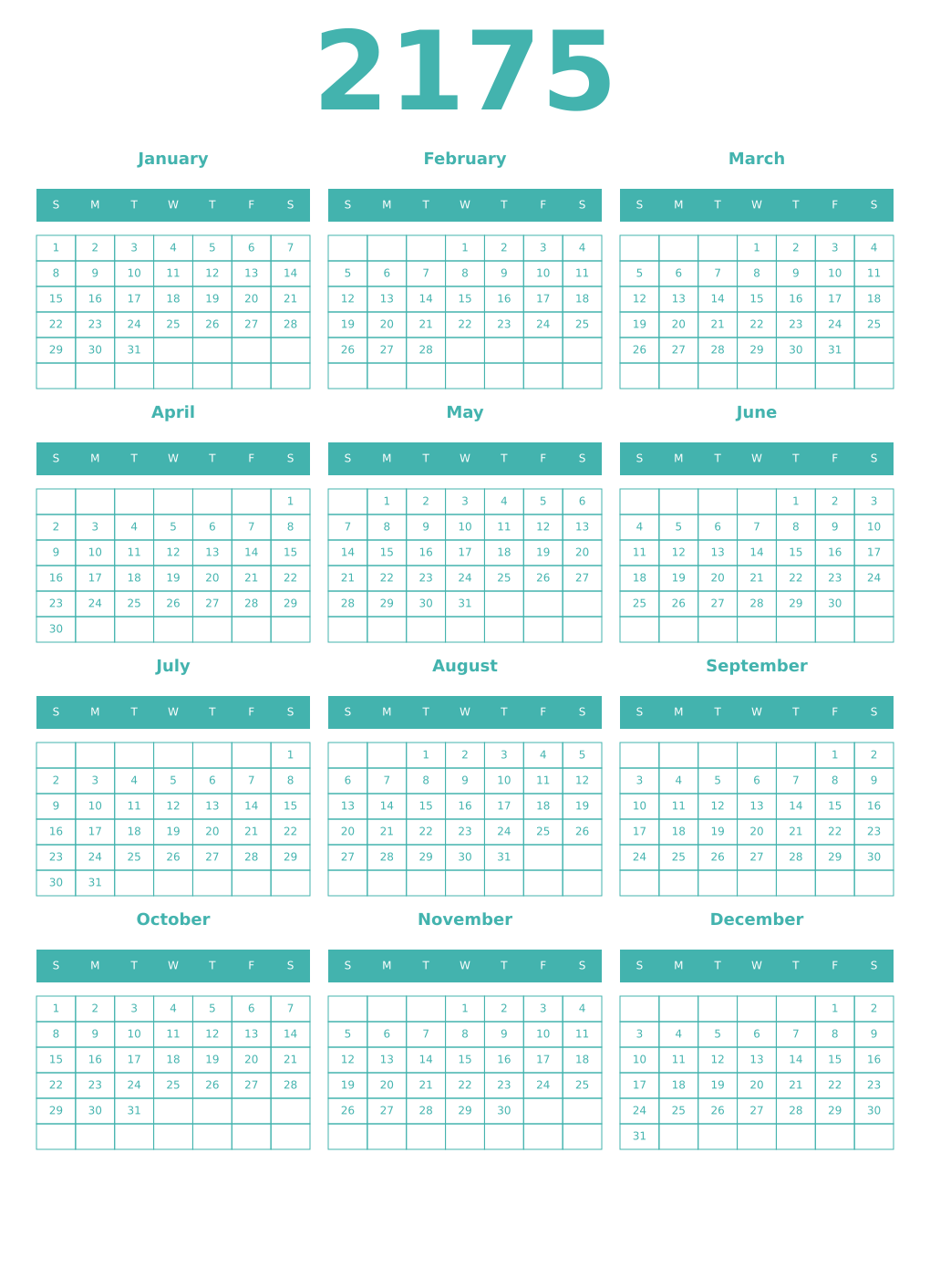 Printable 2175 Year Calendars verdigris
