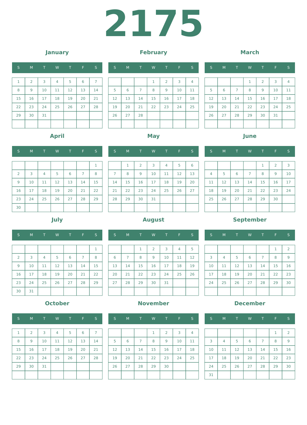 Printable 2175 Year Calendars viridian