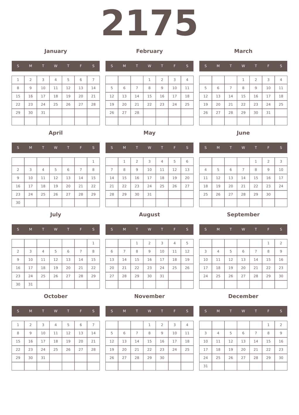 Printable 2175 Year Calendars wenge