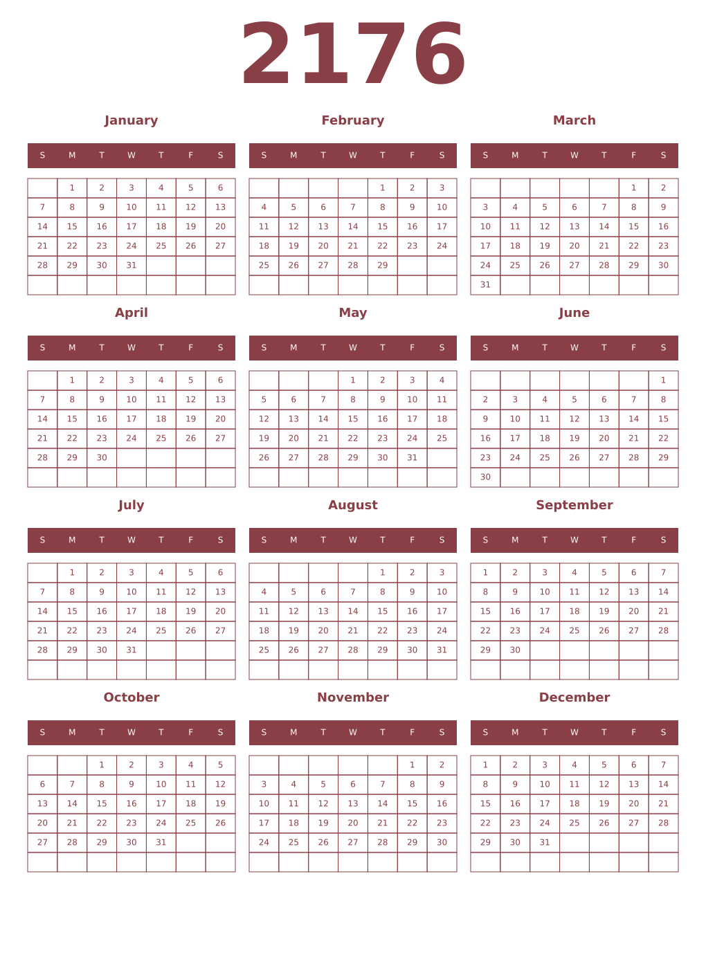 Printable 2176 Year Calendars cordovan