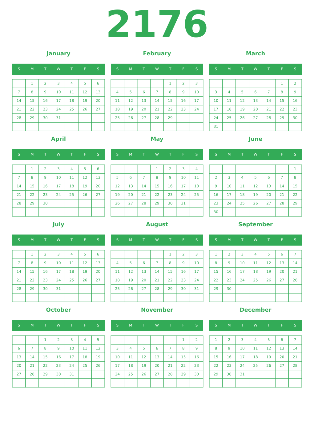 Printable 2176 Year Calendars green