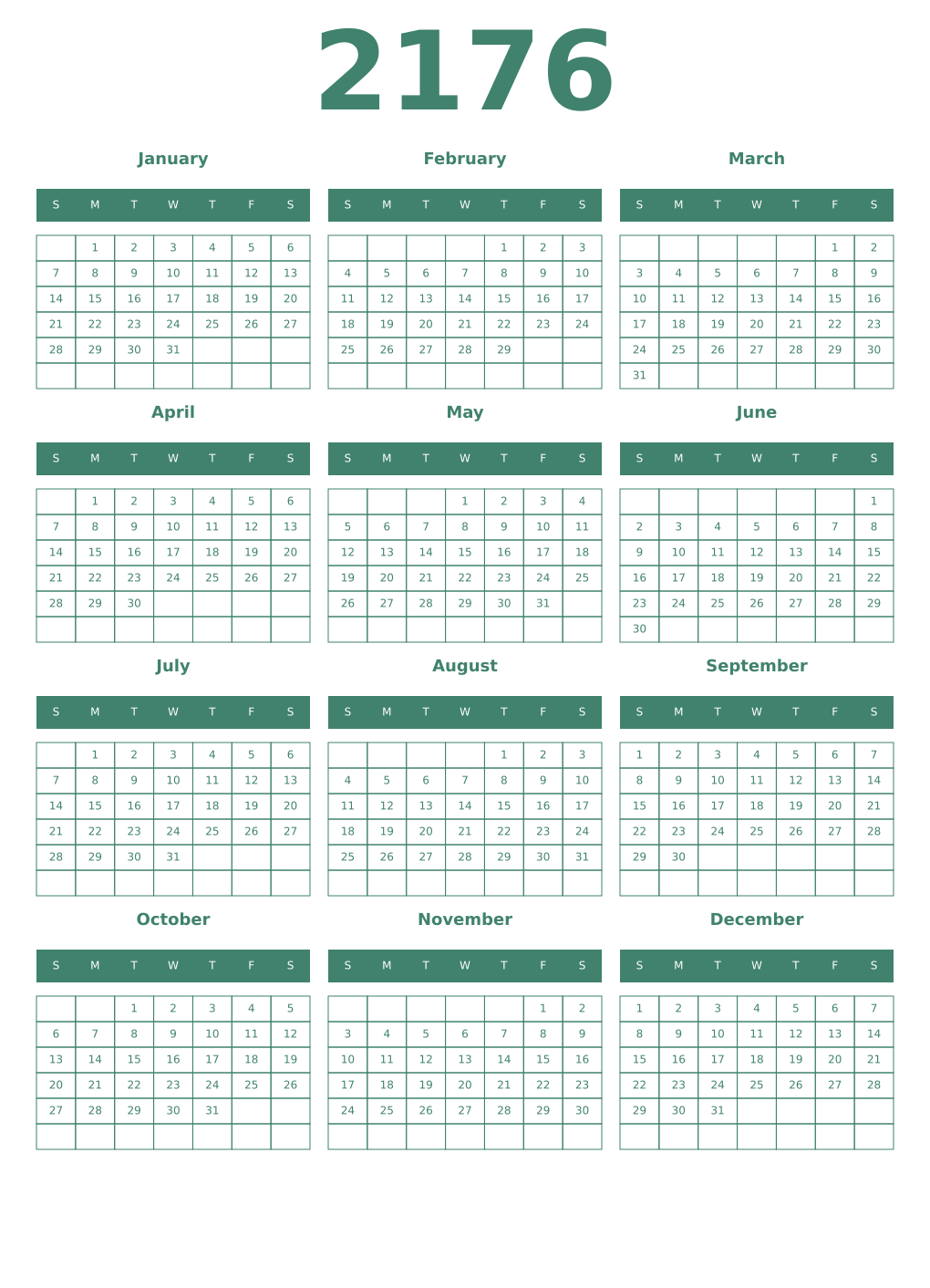 Printable 2176 Year Calendars viridian