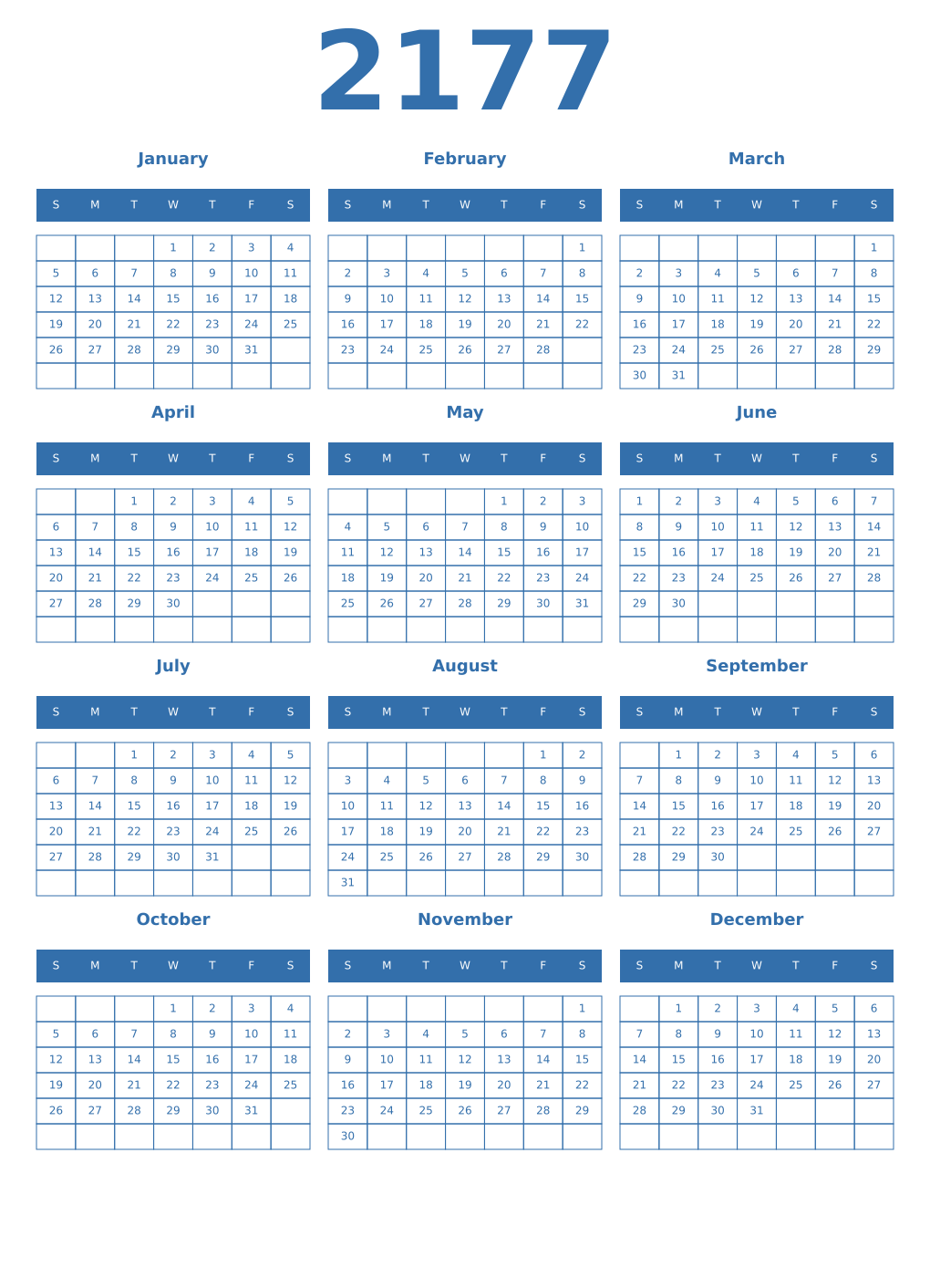 Printable 2177 Year Calendars blue