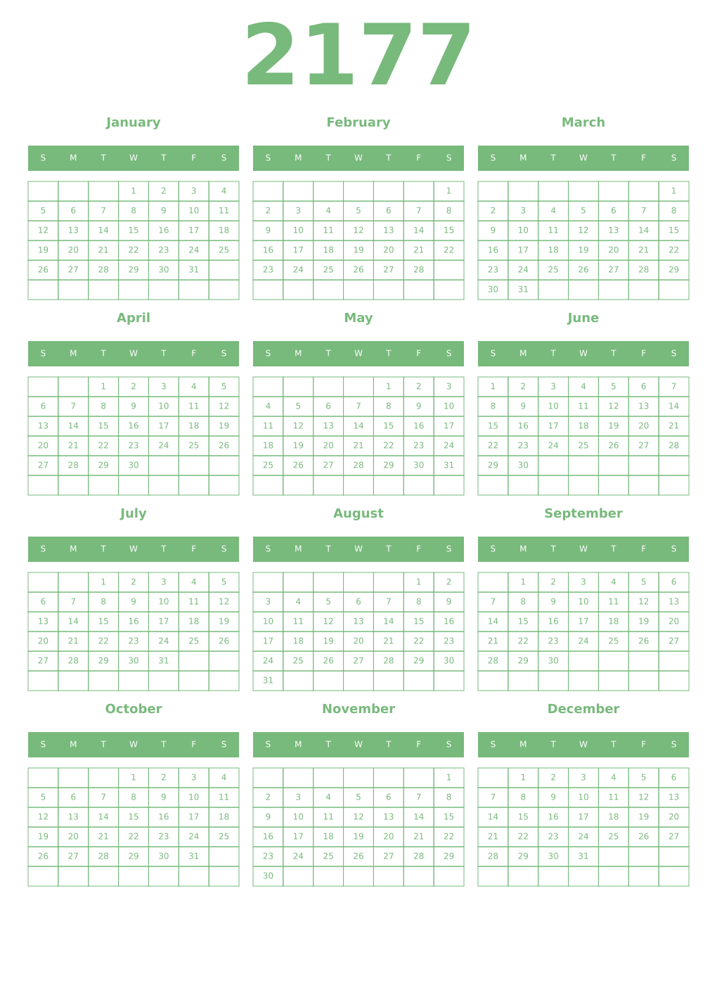 Printable 2177 Year Calendars celadon