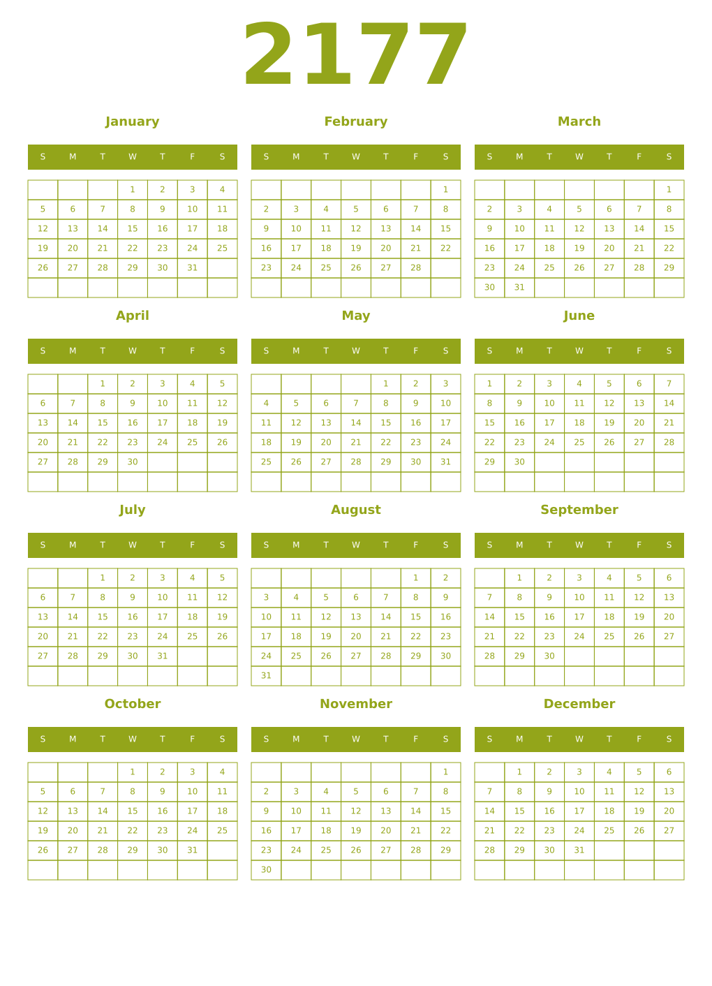 Printable 2177 Year Calendars chartreuse
