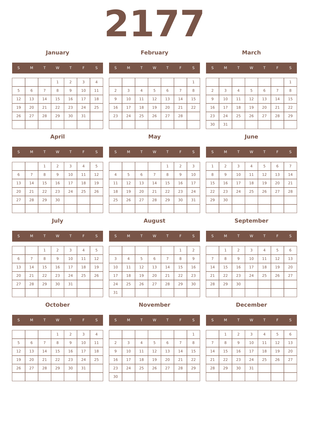 Printable 2177 Year Calendars coffe