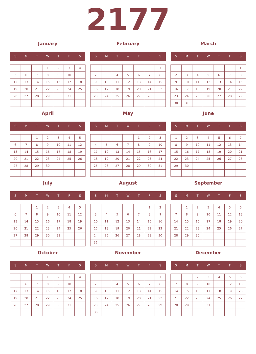 Printable 2177 Year Calendars cordovan