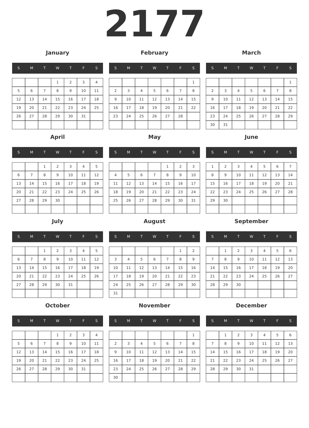 Printable 2177 Year Calendars dark