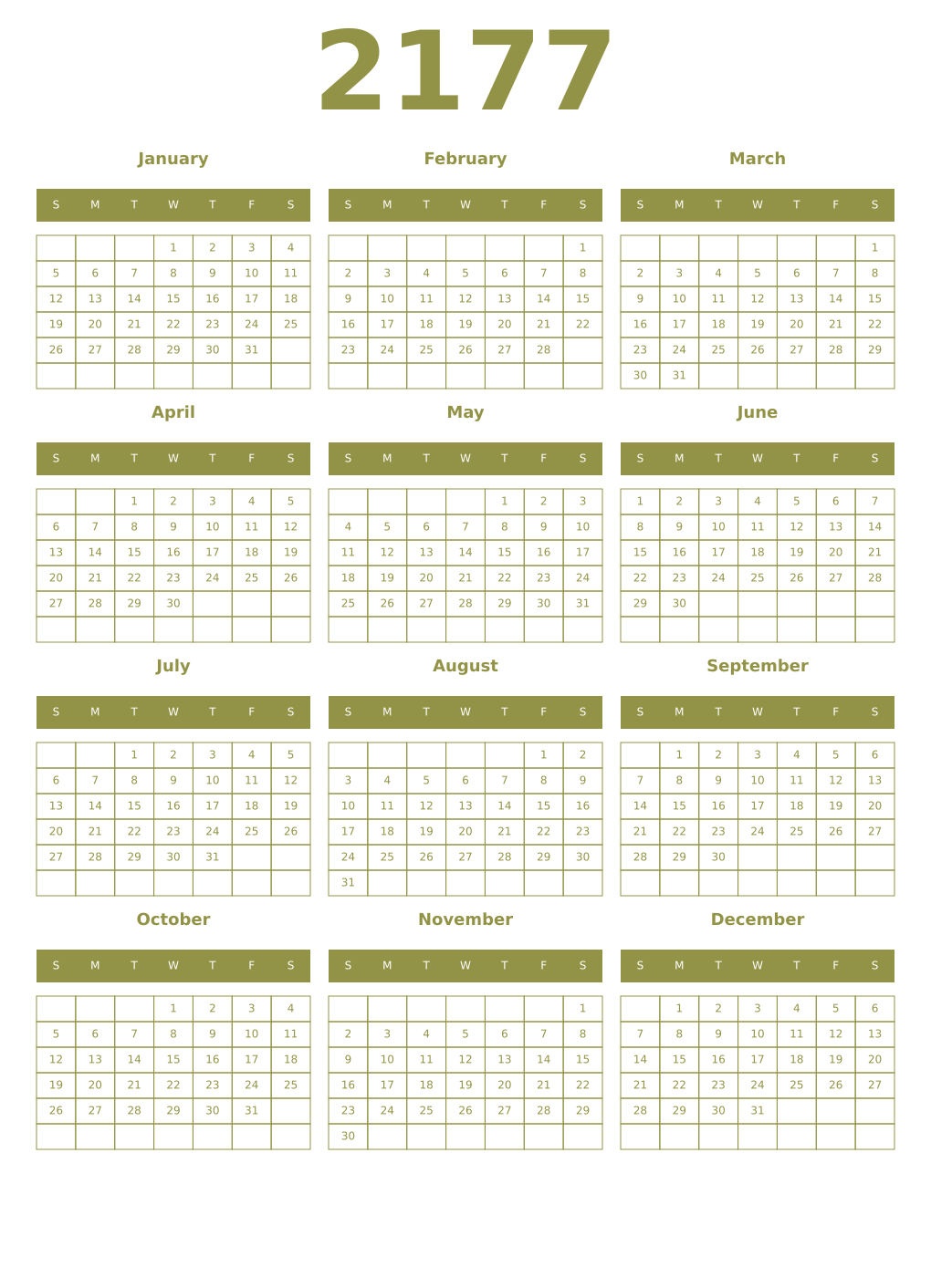 Printable 2177 Year Calendars eburnean