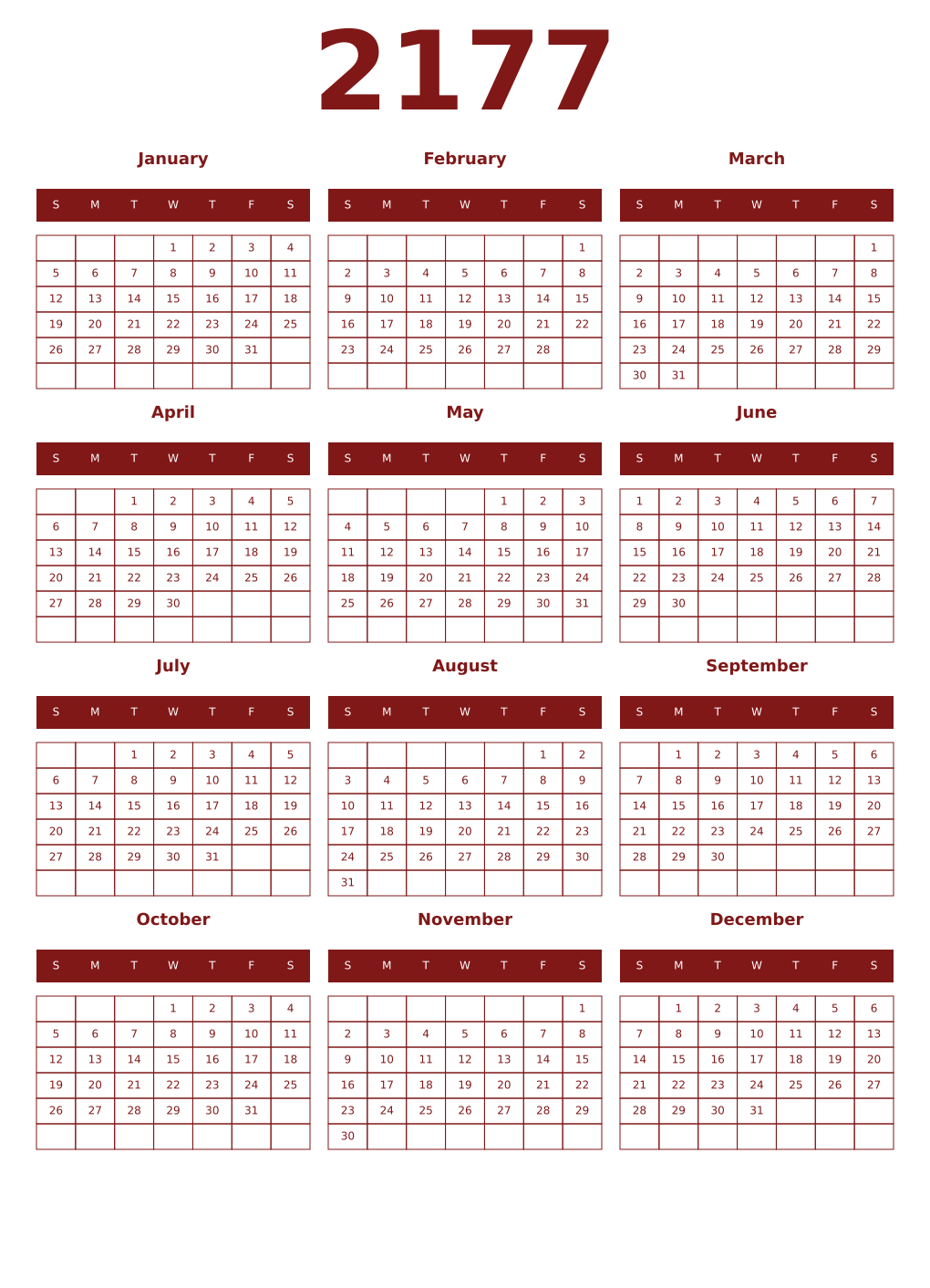 Printable 2177 Year Calendars falu