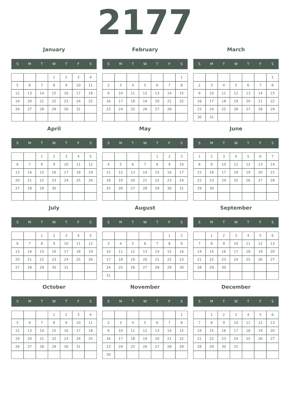Printable 2177 Year Calendars feldgrau