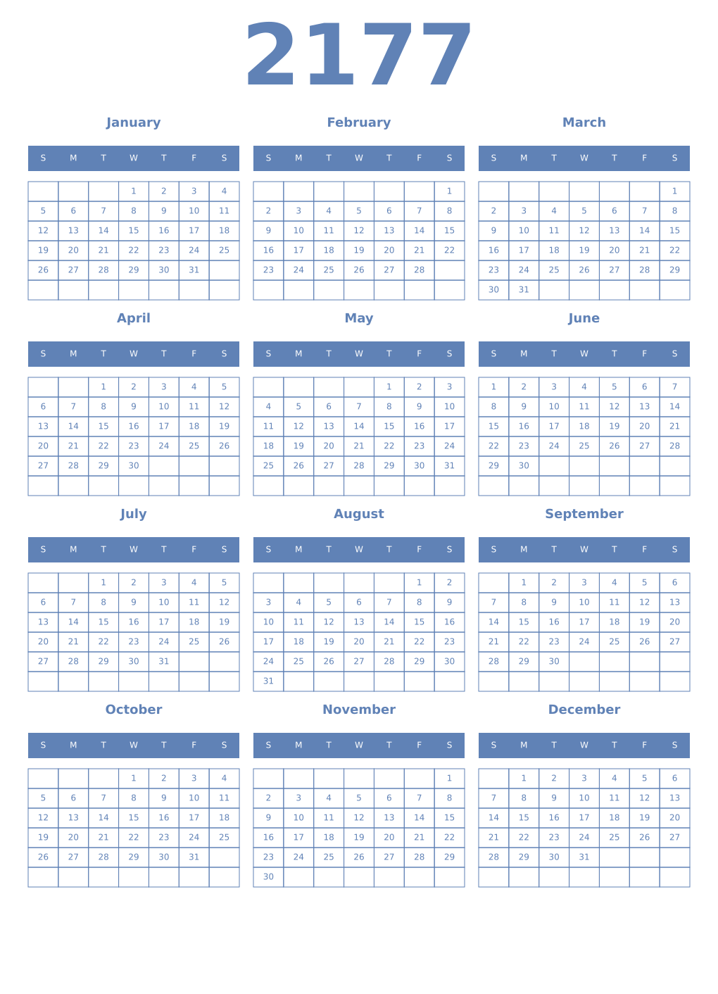 Printable 2177 Year Calendars glaucous